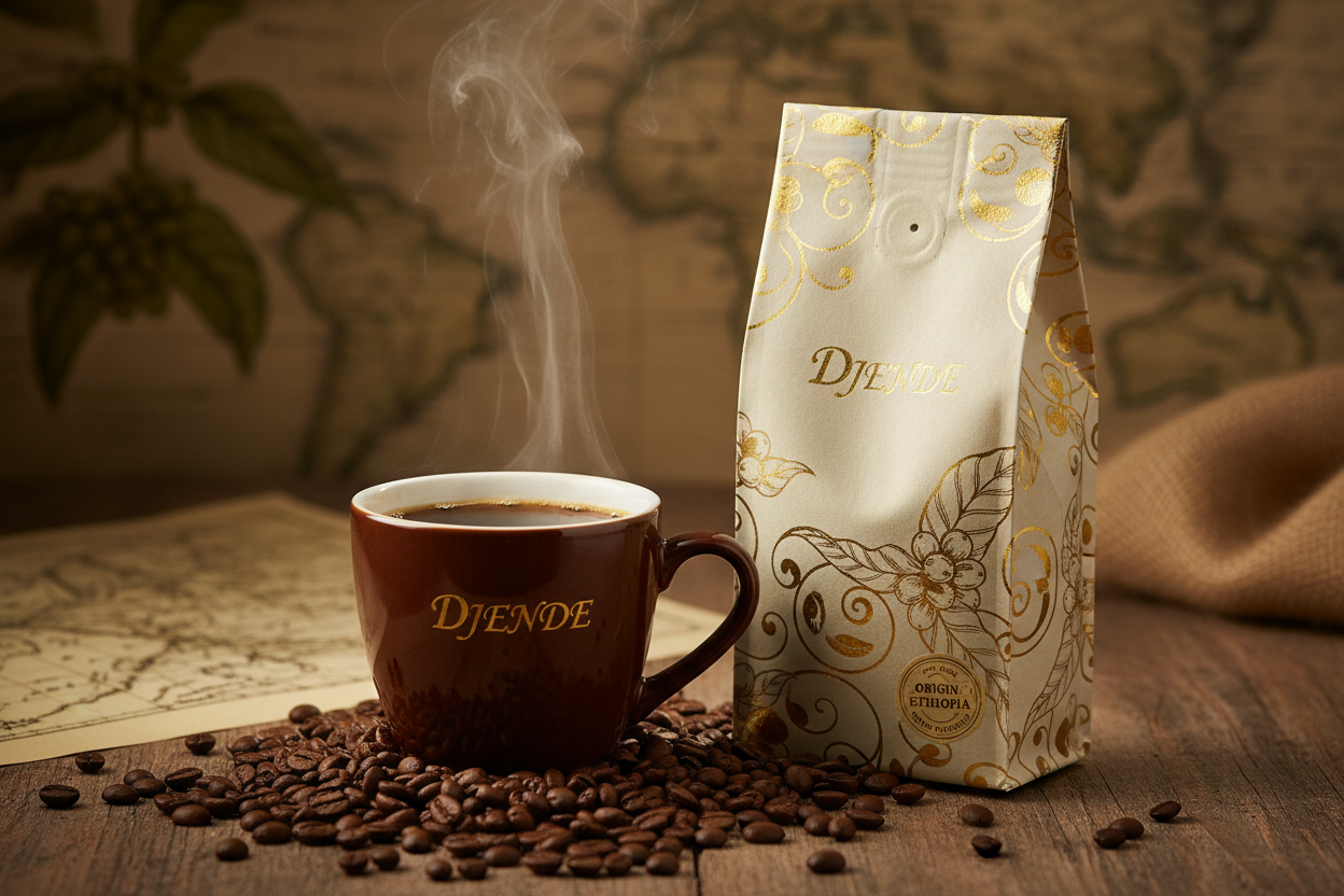 image d'une tasse de cafe chaude djende , avec paquet de cafe djende a cote et quelques grains de cafe