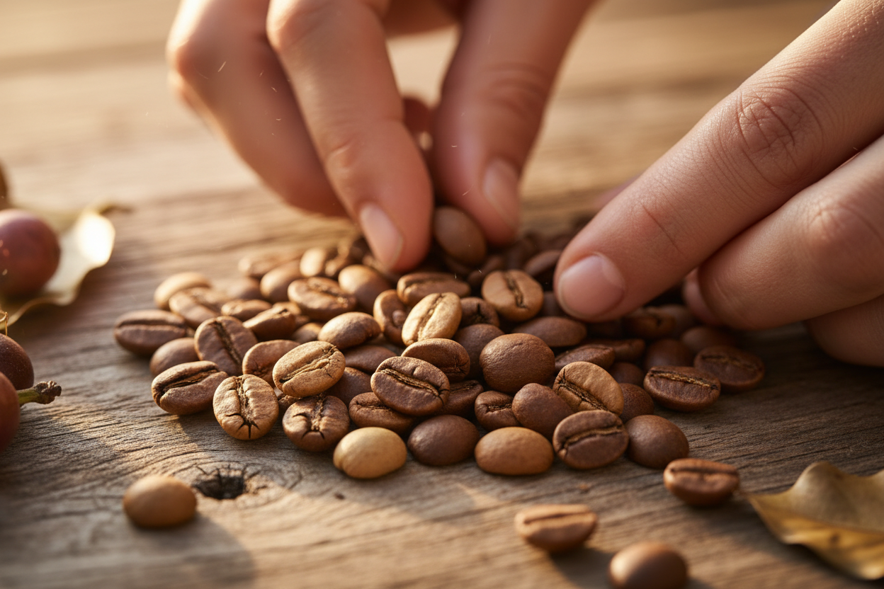 mains qui trient des grains de cafe / grains en macro.