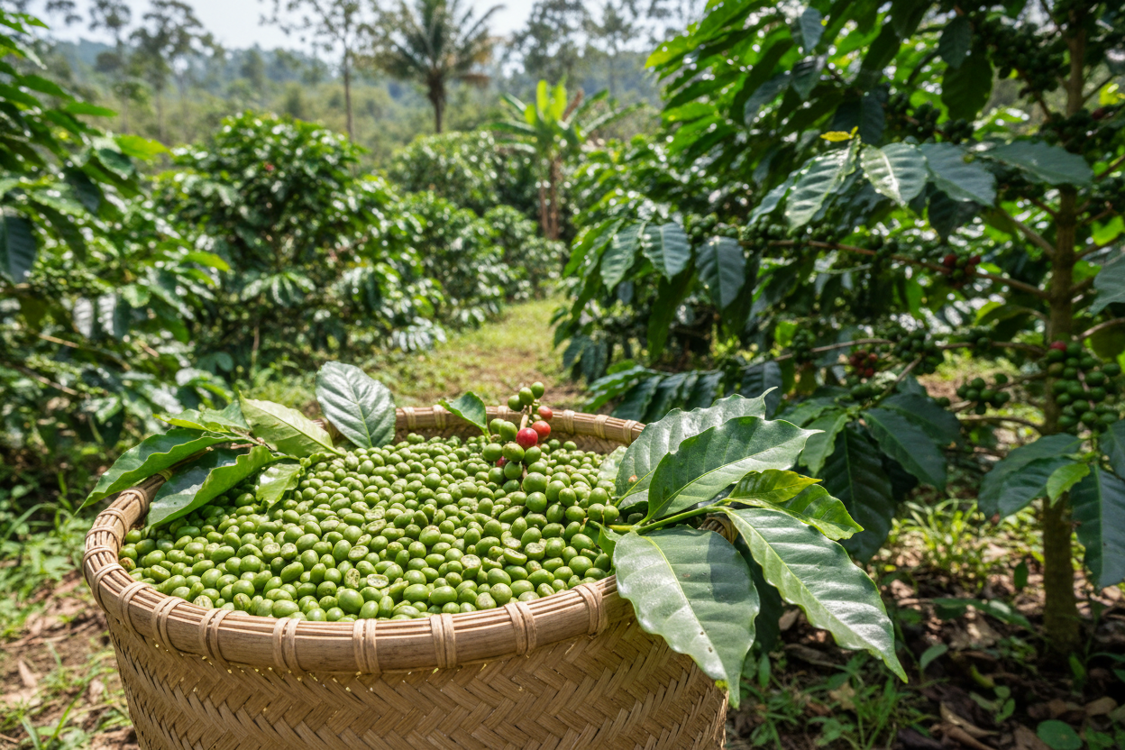 grain de cafe vert dans un panier recolter dans un champs de cafe